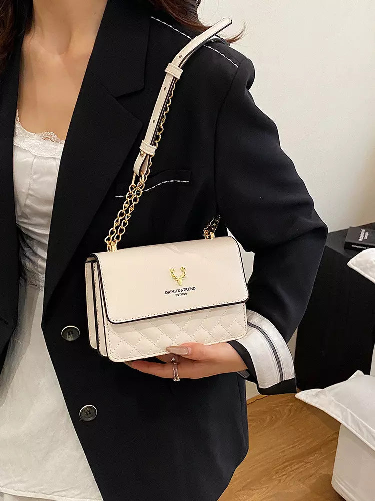 Women's Quilted PU Leather Crossbody Shoulder Bag with Chain Strap and Magnetic Flap Closure