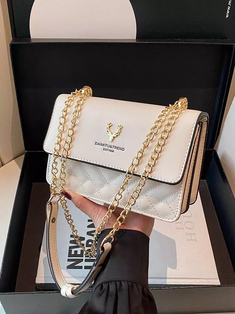 Women's Quilted PU Leather Crossbody Shoulder Bag with Chain Strap and Magnetic Flap Closure