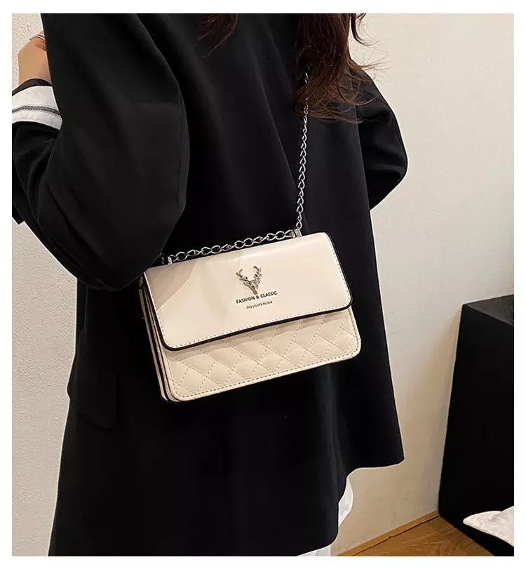 Women's Quilted PU Leather Crossbody Shoulder Bag with Chain Strap and Flap Closure