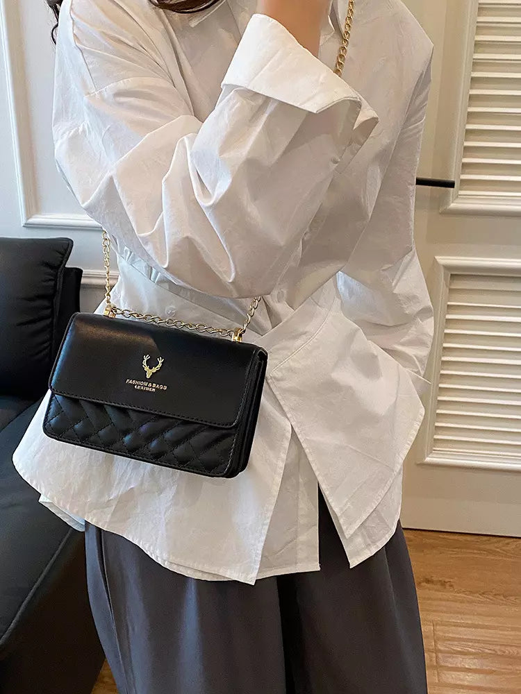 Women's Quilted PU Leather Crossbody Shoulder Bag with Gold Chain Strap and Magnetic Flap