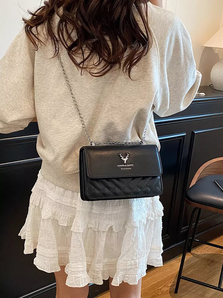 Women's Quilted PU Leather Crossbody Shoulder Bag with Chain Strap and Flap Closure
