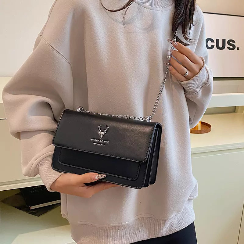 Women's PU Leather Crossbody Bag with Chain Strap and Flap Closure for Everyday Elegance