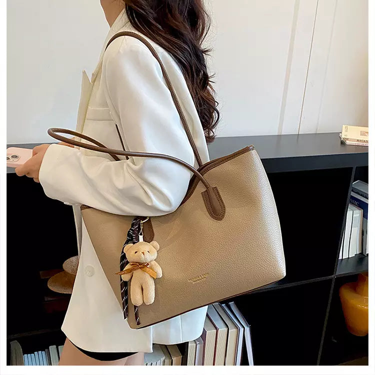 Large Tote Bag for Women – Textured PU Leather Shoulder Bag with Zipper for Work & Everyday Use