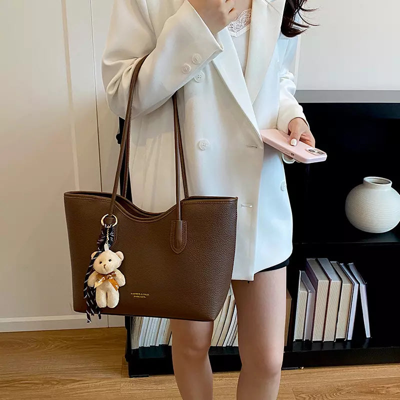 Large Tote Bag for Women – Textured PU Leather Shoulder Bag with Zipper for Work & Everyday Use