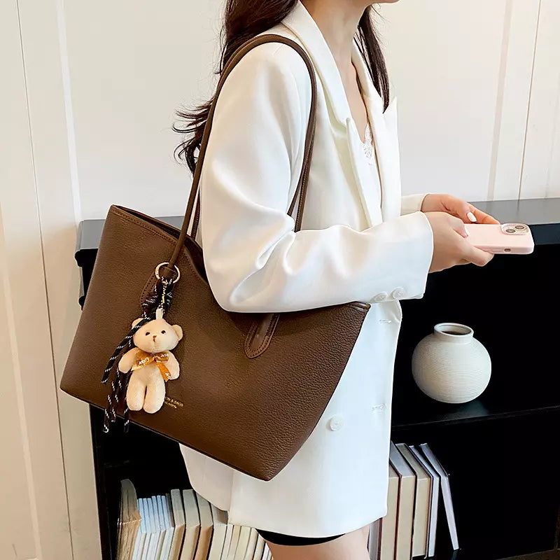 Large Tote Bag for Women – Textured PU Leather Shoulder Bag with Zipper for Work & Everyday Use