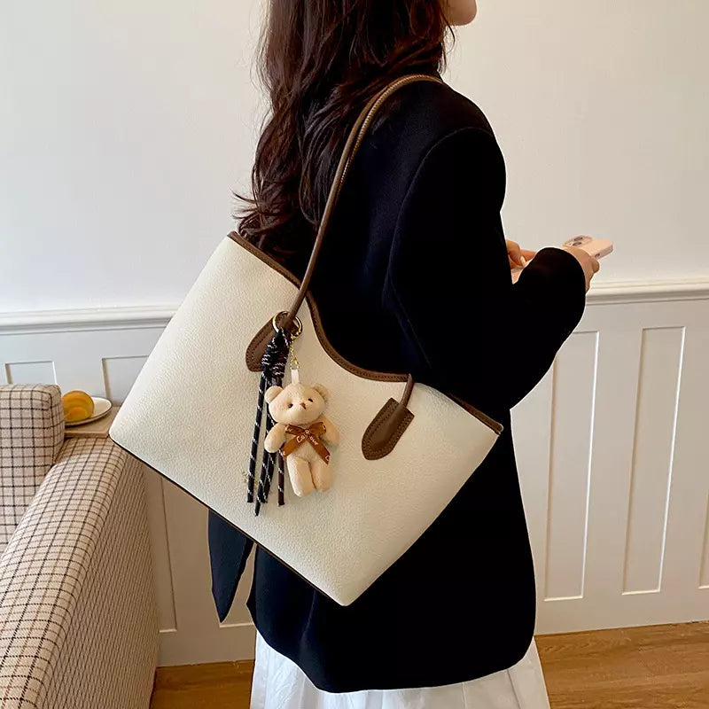 Large Tote Bag for Women – Textured PU Leather Shoulder Bag with Zipper for Work & Everyday Use