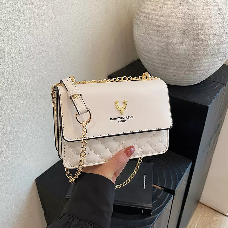 Women's Quilted PU Leather Crossbody Shoulder Bag with Chain Strap and Magnetic Flap Closure