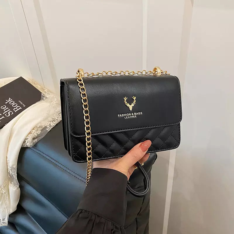 Women's Quilted PU Leather Crossbody Shoulder Bag with Gold Chain Strap and Magnetic Flap