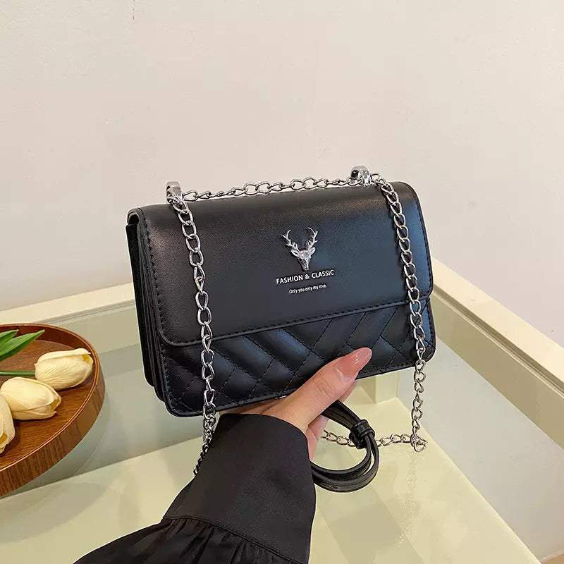 Women's Quilted PU Leather Crossbody Shoulder Bag with Chain Strap and Flap Closure
