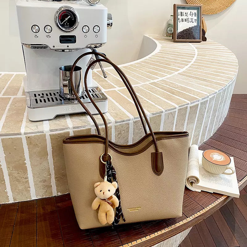 Large Tote Bag for Women – Textured PU Leather Shoulder Bag with Zipper for Work & Everyday Use