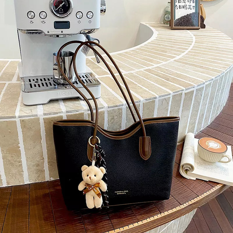 Large Tote Bag for Women – Textured PU Leather Shoulder Bag with Zipper for Work & Everyday Use
